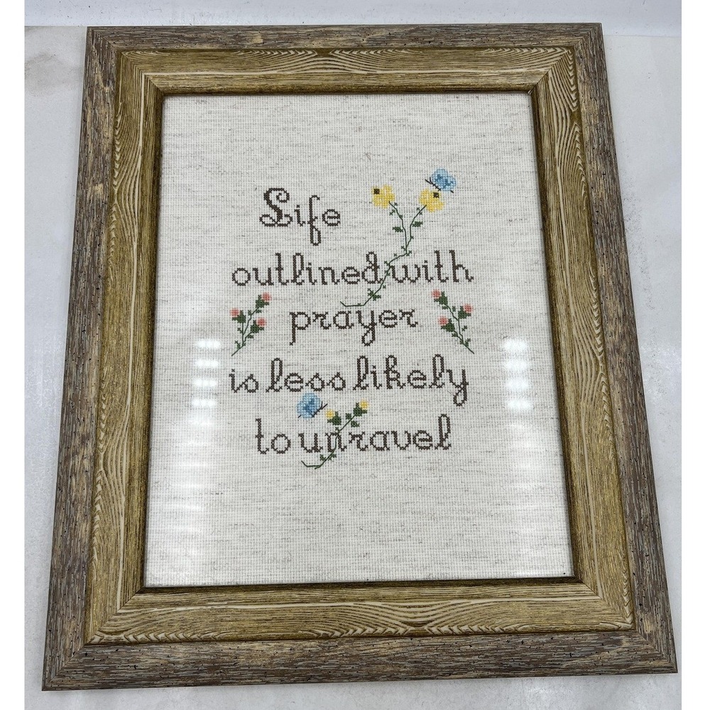VTG Framed Cross Stitch Life Outlined With Prayer Religious Art 15x18 Cottage